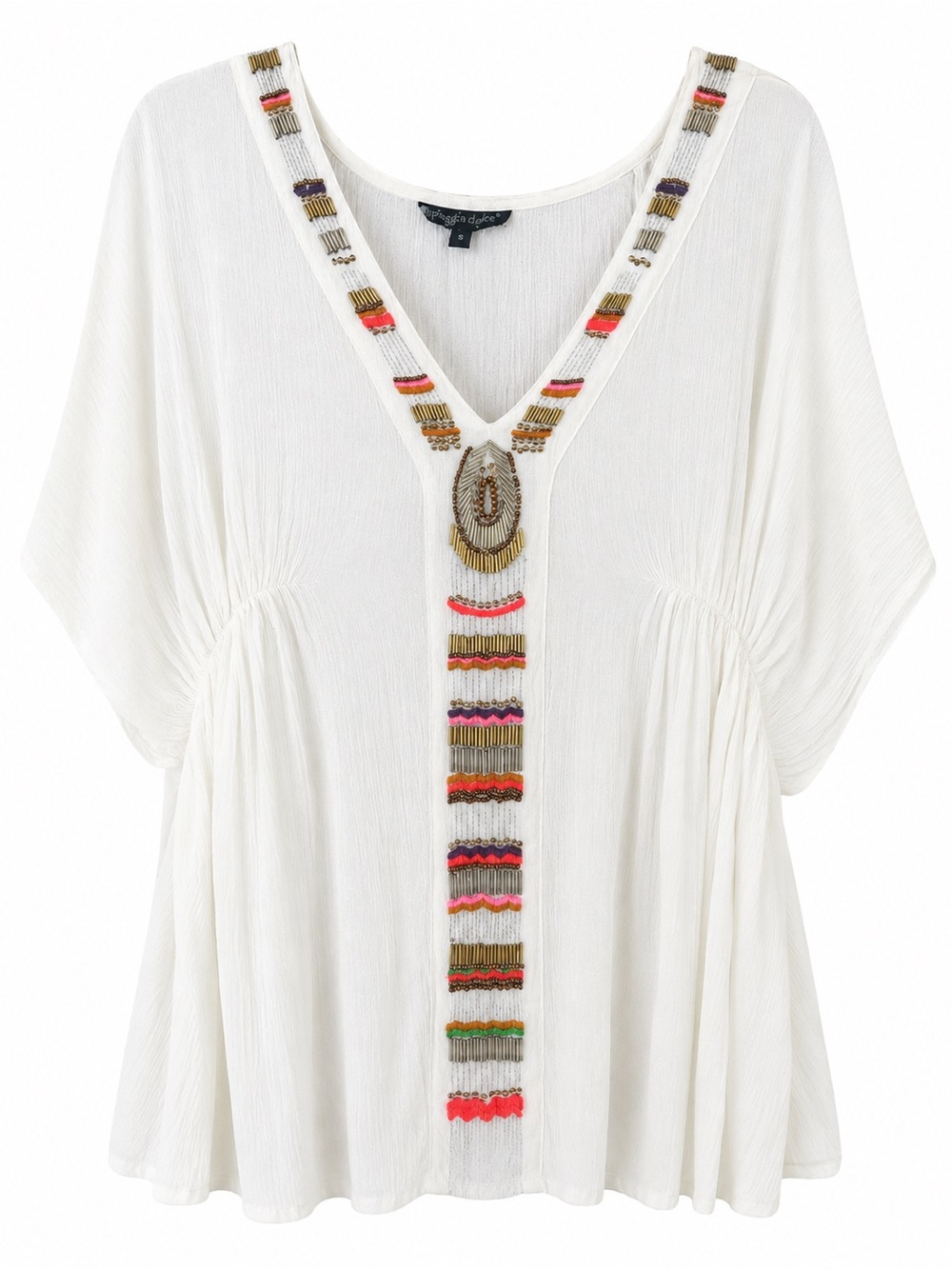 Spaggia Dolce NWT White Embellished Boho Tunic Top | Beaded Caftan Blouse |Sz S